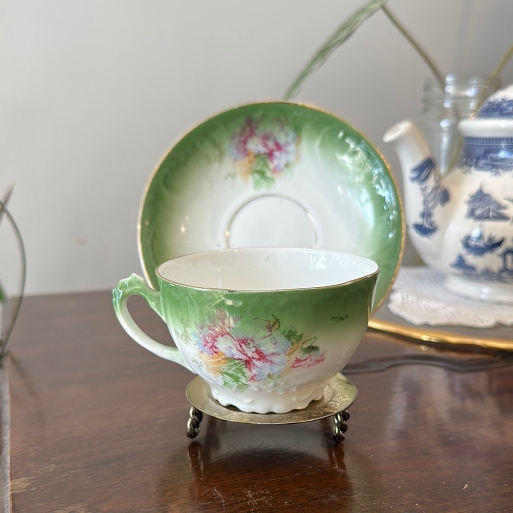 Antique Floral Green Teacup and Saucer Set *stand not included